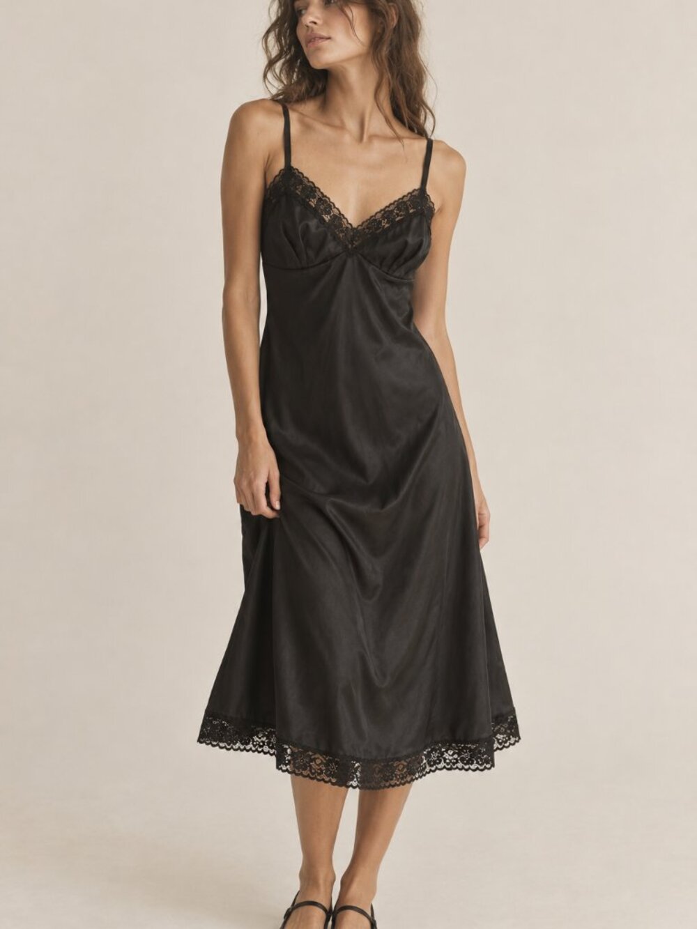 Vintage Vanity Fair Black Satin Lace Slip Dress 90s Nightgown Made in USA